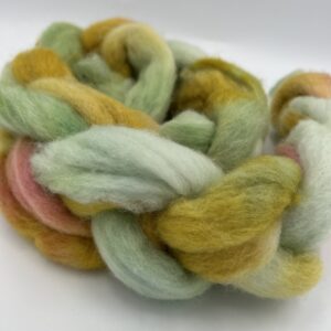 Hand Dyed braid of wool. Color Garden from our Corriedale flock of sheep